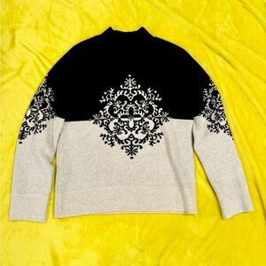 LOFT Warm Thick Holiday Snowflake Mock Neck Tunic Sweater | Black & Beige